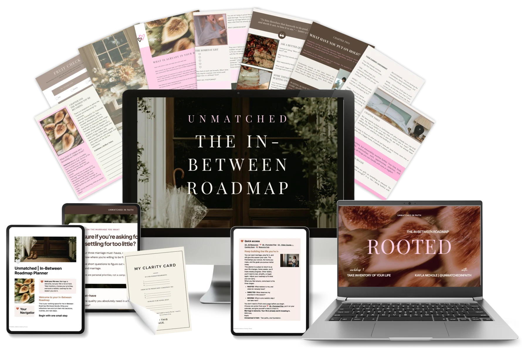 The In-Between Roadmap bundle shown across workbook pages, digital planner screens, companion tools, and a video course on a laptop